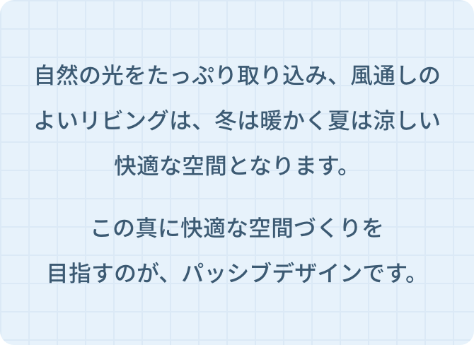 自然の光をたっぷり取り込み、風通しのよいリビングは、冬は暖かく夏は涼しい快適な空間となります。この真に快適な空間づくりを目指すのがパッシブデザインです